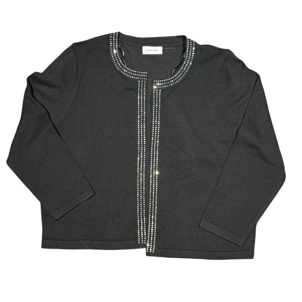 Vogue Club Cardigan XL Women's Black Rhinestone Trim Zip Front Dressy